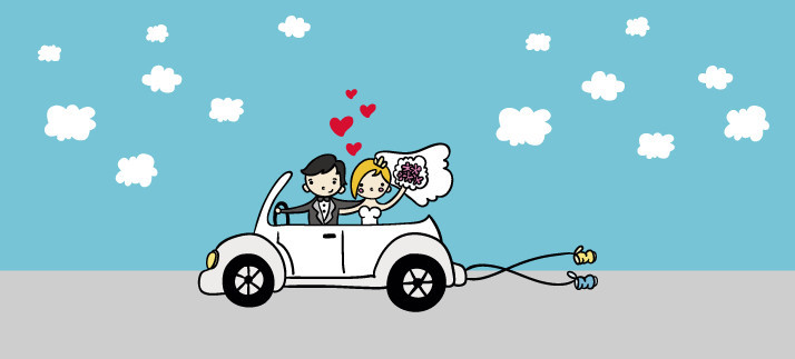 Arte para caneca: Carro e recém casados - Casamento