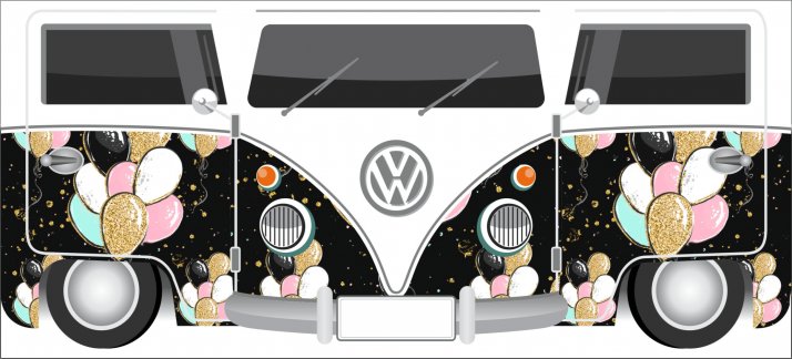 Arte para caneca: Kombi preta com balões coloridos, Volkswagen - Engraçadas/Divertidas