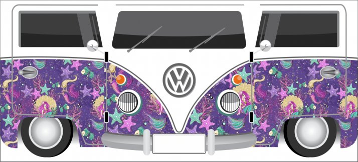 Arte para caneca: Kombi roxa com estampas coloridas, Volkswagen - Engraçadas/Divertidas