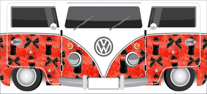 Arte para caneca: Kombi vermelha com estampas da Coca-Cola, Volkswagen - Engraçadas/Divertidas